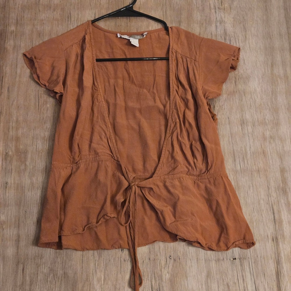 Boho Farmhouse Cottagecore Rust Orange Tie Front Flutter Sleeve Peplum Top Small